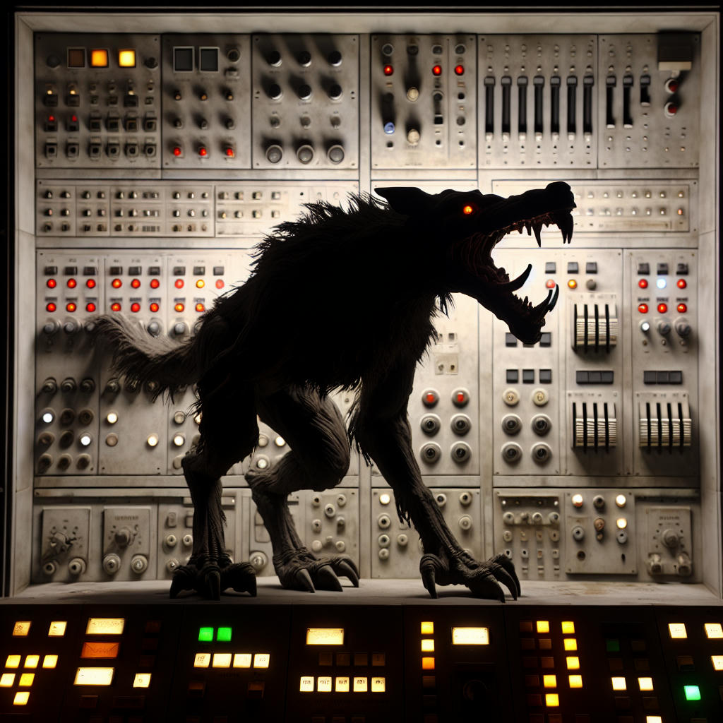 The grue's silhouetted figure after chomping on the hapless inventor