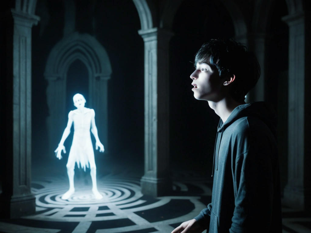 a young man consuming a ghostly figure in a dark labyrinth, the ghost's final cry echoing