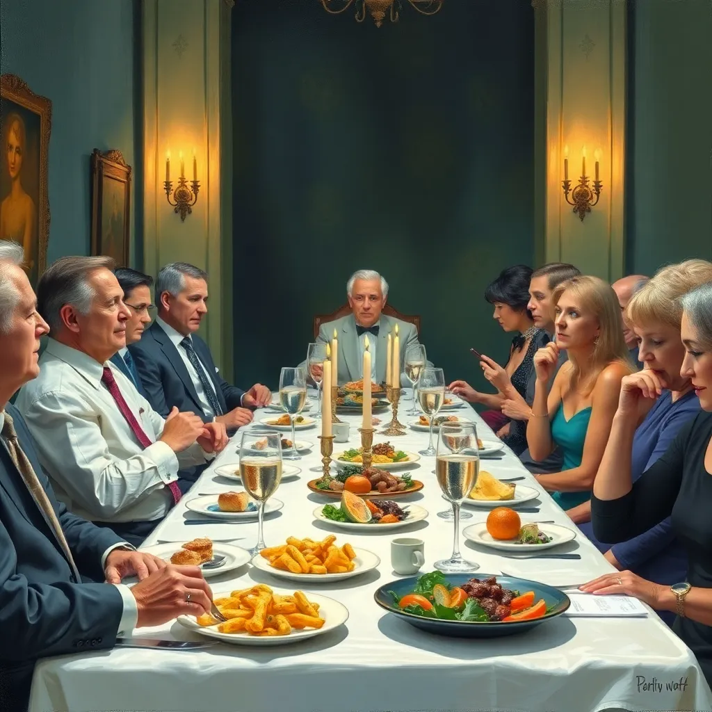 A dinner party where the guests are sitting in silence, sweating profusely as they try to think of the next word in alphabetical order, plates of food arranged by letter, oil painting style