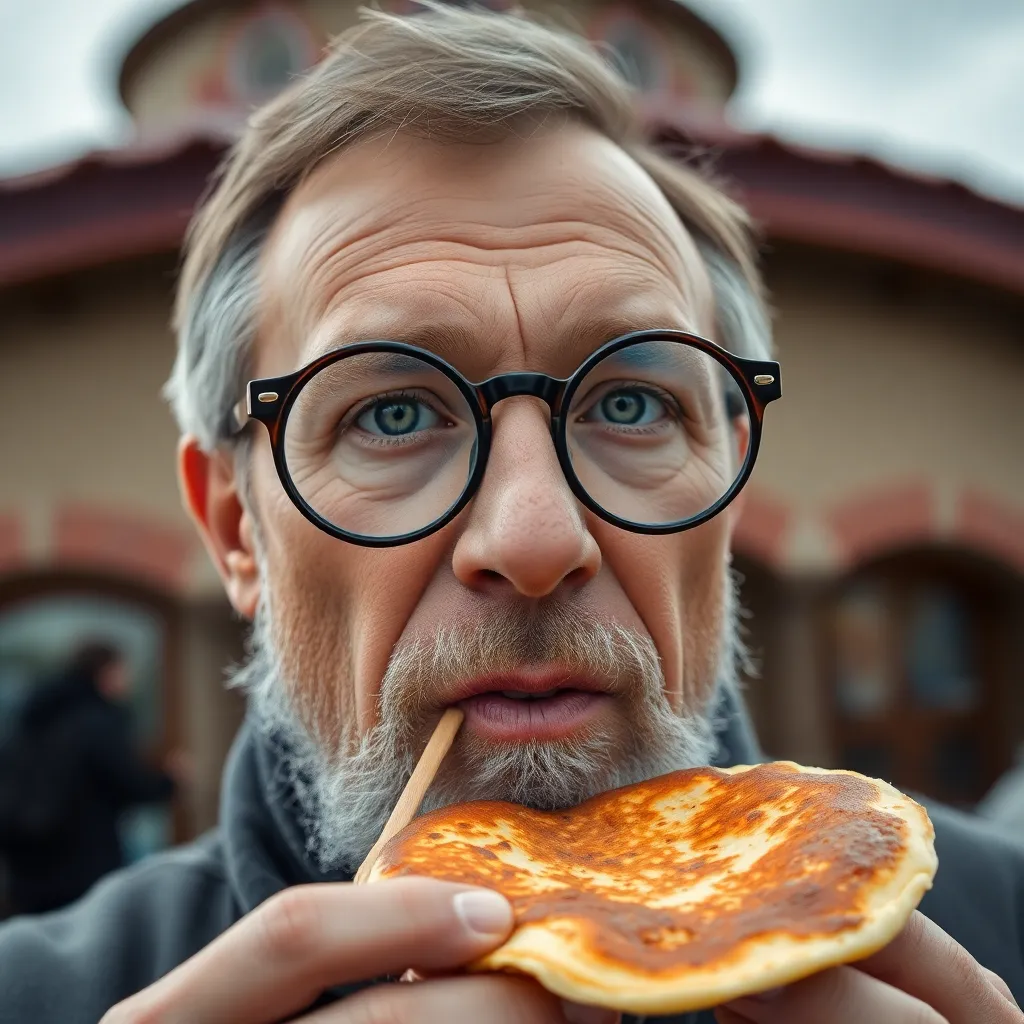 A close-up of a villager in Kruhy wearing perfectly round stylish glasses, eating a large golden pancake, with a background of round architecture, high fashion photography style