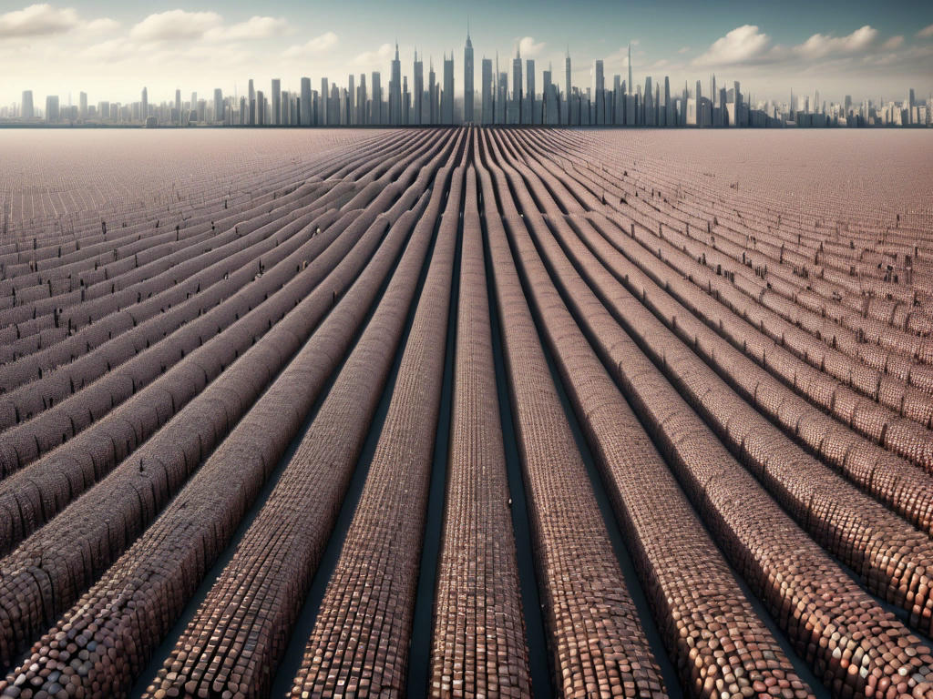 a humorous depiction of a massive field of human batteries stretching as far as the eye can see, with a cityscape in the background