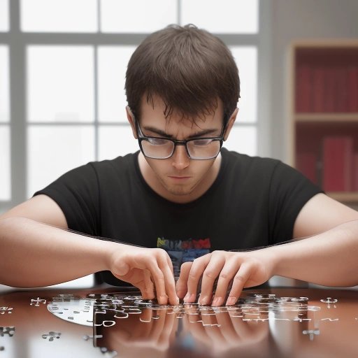 Programmer completing a puzzle of code strings