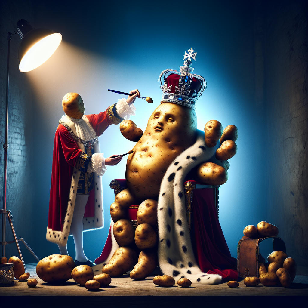 A surreal scene of a regal figure transforming into a potato, with intricate details, hyper-realistic, dramatic lighting, photorealistic