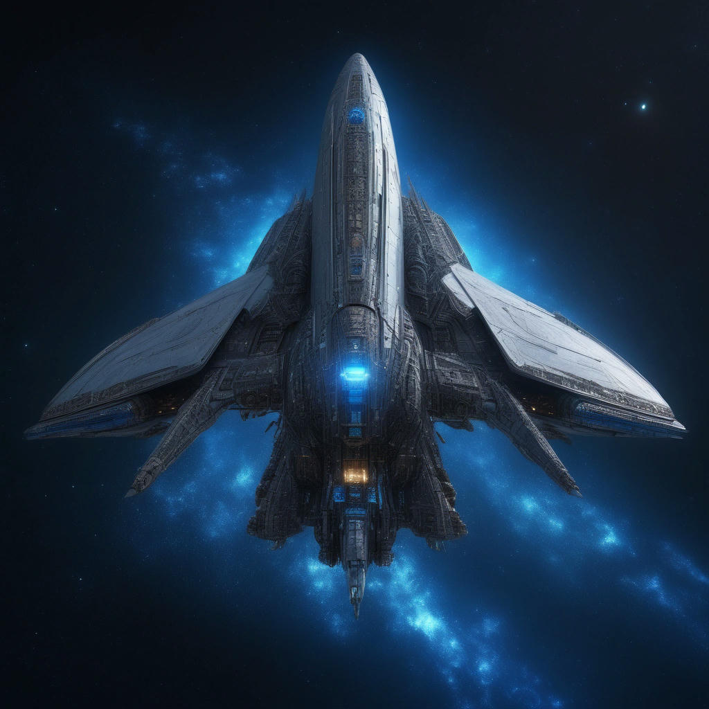 A majestic, highly detailed, 4K image of the Arkangel spaceship, with sleek, metallic surfaces, glowing blue engines, and a sense of power and determination, set against a backdrop of stars and galaxies, rendered in a photorealistic style