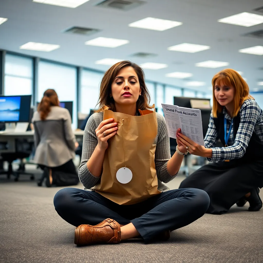 Gemma H. recovering with paper bag at the office