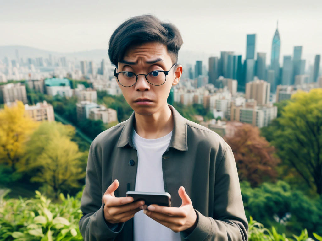 a person holding a smartphone, with a puzzled expression, surrounded by nature, with a cityscape in the background