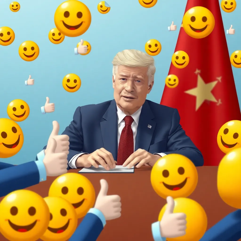 a world leader negotiating with emojis, surrounded by floating smiley faces and thumbs-up icons