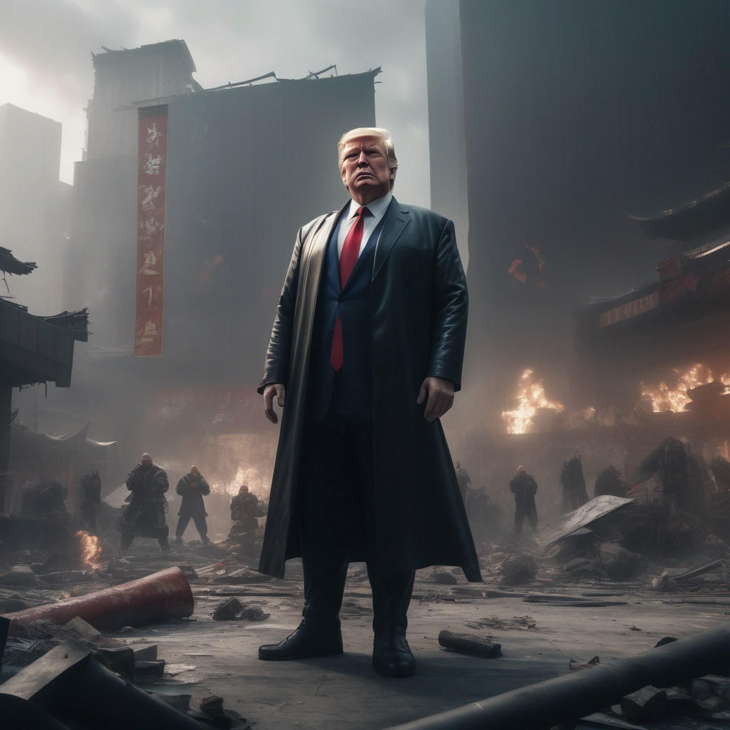 Donald Trump standing victorious in a destroyed cityscape, with a giant kung fu scroll in the background, surrounded by defeated ninjas, cinematic lighting, 4k, highly detailed, photorealistic, trending on artstation