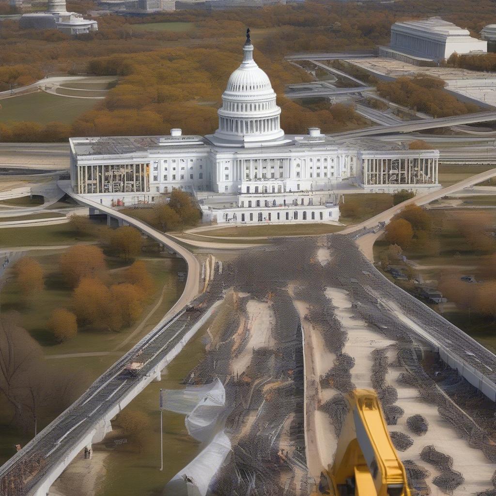 Protesters waving signs reading 'Stop the Spaghetti Junction' outside a U.S. Capitol building made entirely of Factorio-style conveyor belts and inserters