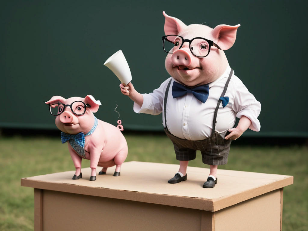 a pig wearing glasses and a bow tie, standing on a soapbox and giving a speech to other pigs