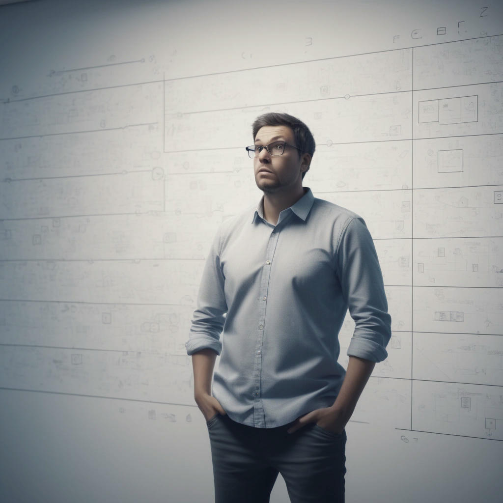 a developer standing in front of a whiteboard, with a puzzled expression, surrounded by diagrams and code snippets, with a big question mark above their head, indicating confusion, photorealistic, high detail, studio lighting, 4k