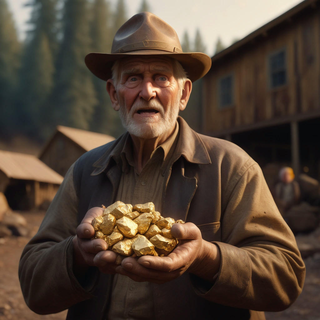 James W. Marshall holding a gold nugget, with a surprised expression on his face, in the background a sawmill, warm colors, high detail, cinematic, trending on artstation