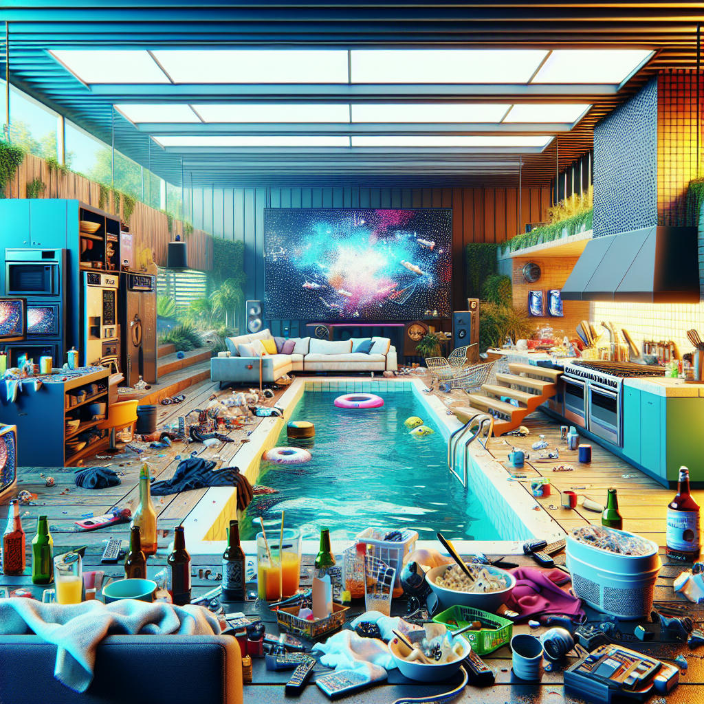 A hyper-realistic illustration of the Big Brother house, with a messy kitchen, a cluttered living room, and a backyard with a pool, bright colors, high contrast, vibrant, detailed, 4k, cinematic lighting, concept art by Simon Stalenhag and Syd Mead