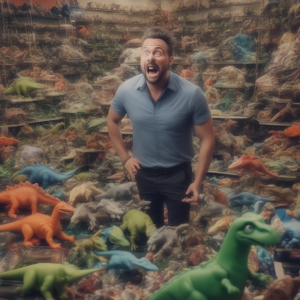 Shopper surrounded by unsold dinosaur merchandise