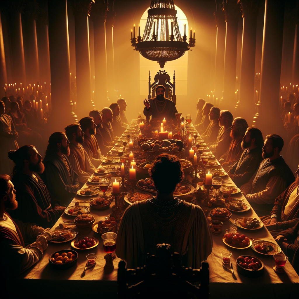 A grand banquet table with luxurious food and drink, a charismatic figure at the head of the table, surrounded by disciples, detailed and high-quality, photorealistic, warm and dramatic lighting