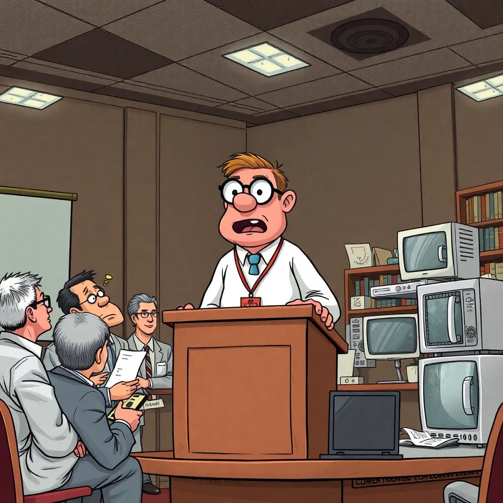 an academic conference for abstract concepts, personified Entropy wearing a lanyard and badge, speaking at a podium to physicists, librarians, and confused household appliances, whimsical high-detail magazine illustration