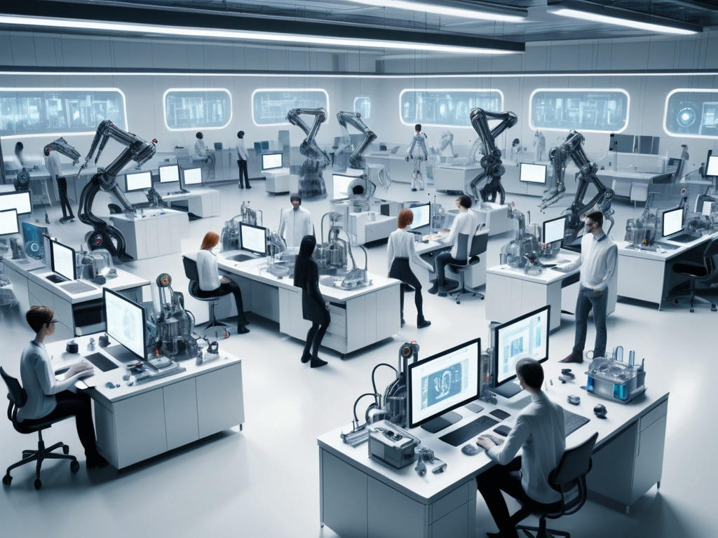 a group of humans and robots working together in a laboratory, surrounded by screens and machines, with a large paperclip-shaped robot in the center, symbolizing the new era of human-AI collaboration