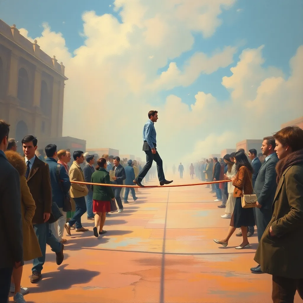 A surrealist painting of a man walking a tightrope that is only two inches off the ground, crowds of people walking past him without looking, vibrant but slightly desaturated colors