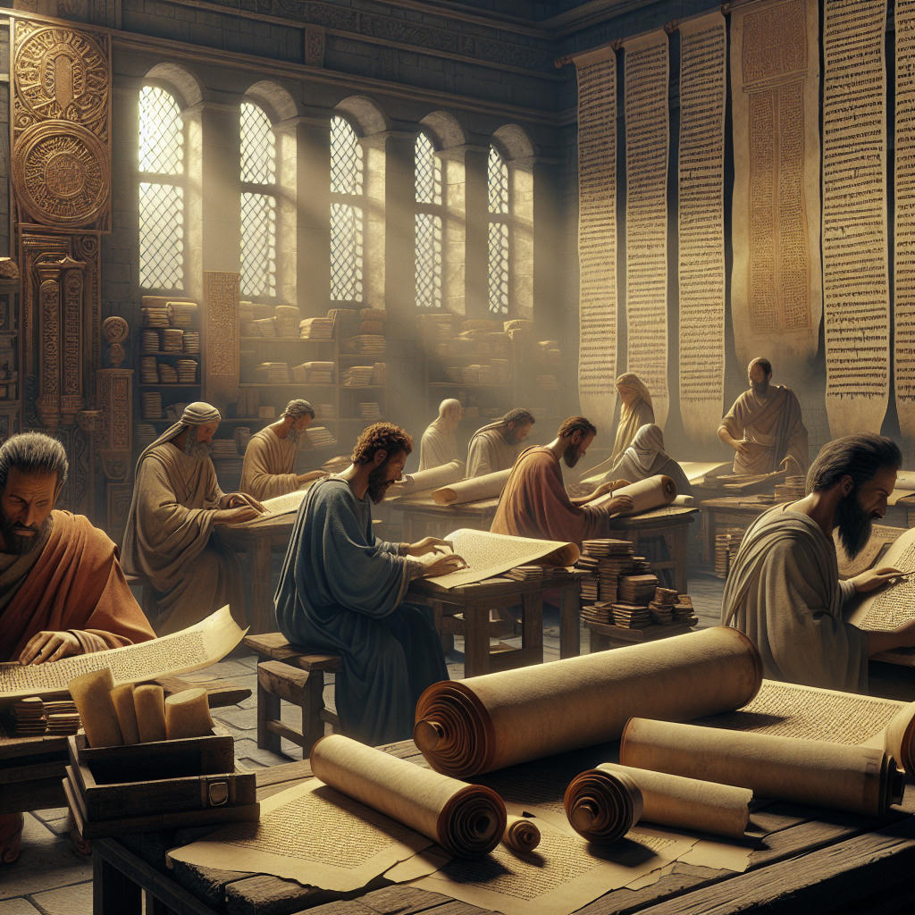 ancient scrolls and letters, early Christian community, people reading and writing, intricate details, high quality, biblical scene, 8k resolution, warm lighting