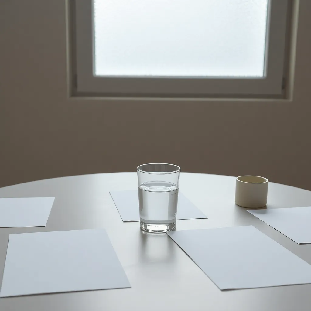 a table with neatly arranged blank sheets of paper, a transparent glass of water, plain ceramic cup, soft daylight through frosted window, minimalistic interior, muted tones, ultra realistic, balanced composition, no symbolic meaning