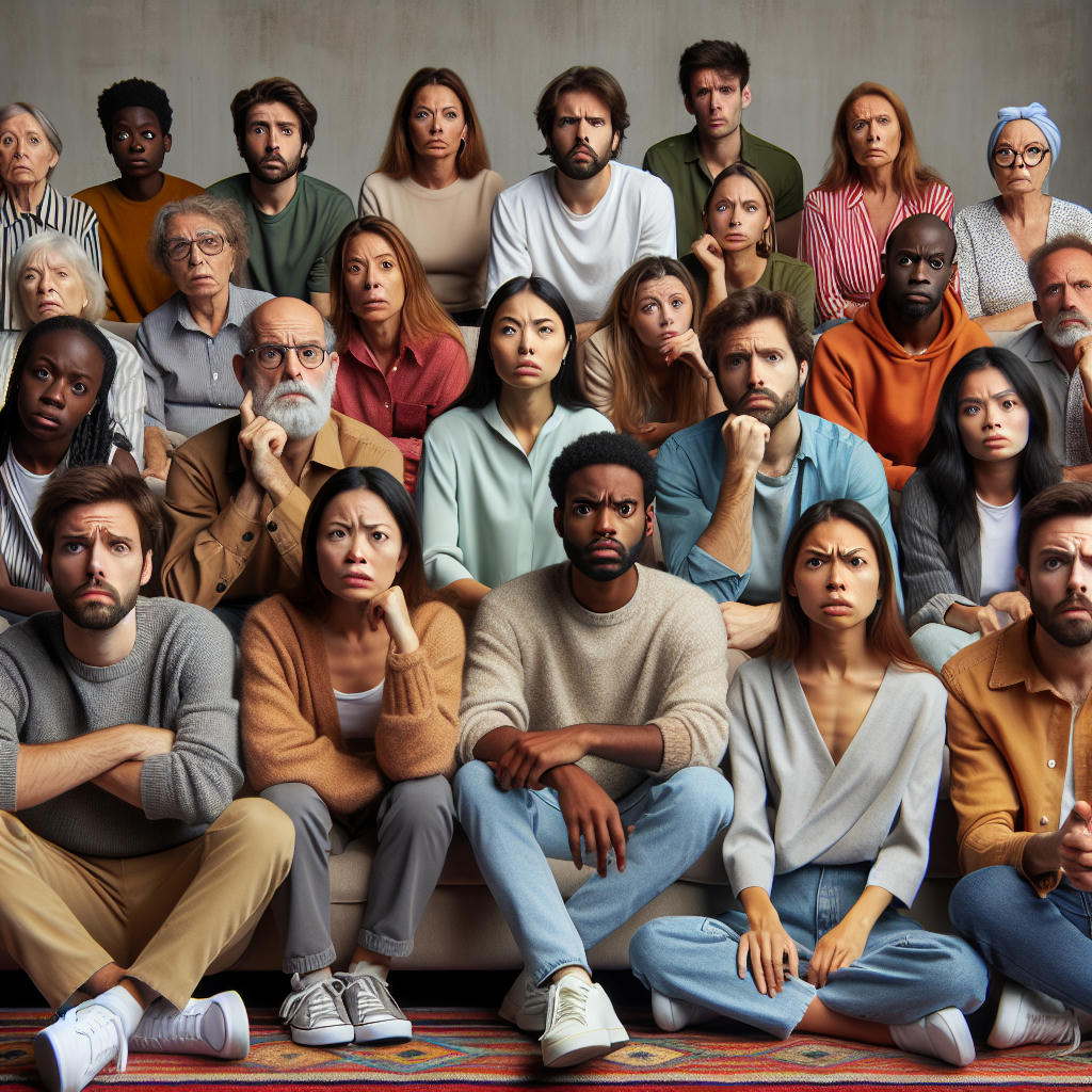 People on a sofa, looking puzzled