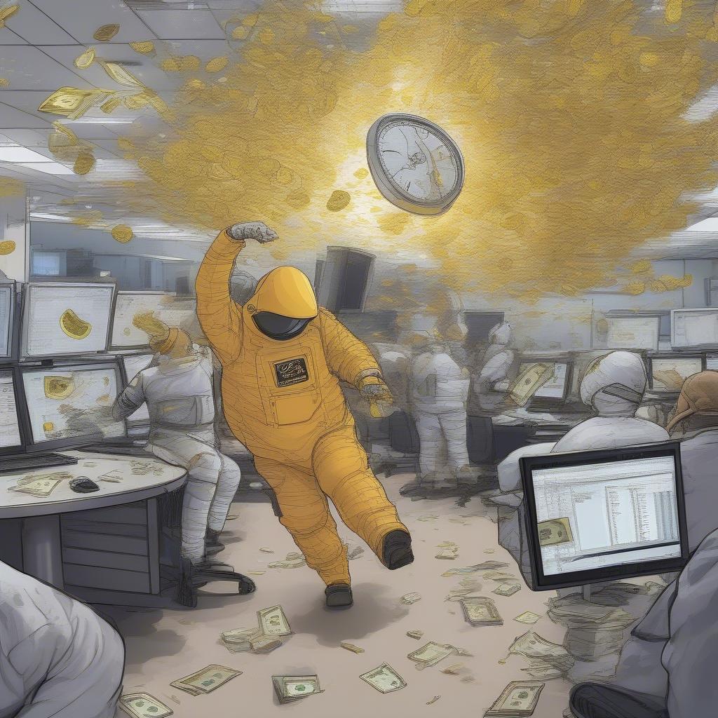 A chaotic Wall Street trading floor with brokers wearing SpaceX spacesuits, throwing paper money into a shredder labeled 'Legacy Economy', monitors showing Dogecoin prices skyrocketing