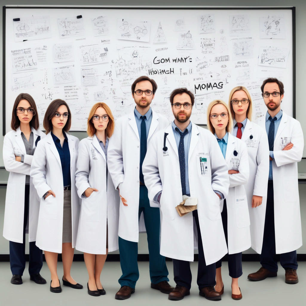 A group of scientists in lab coats, holding signs that read 'Global Warming is a Hoax' and 'We're not buying it'.