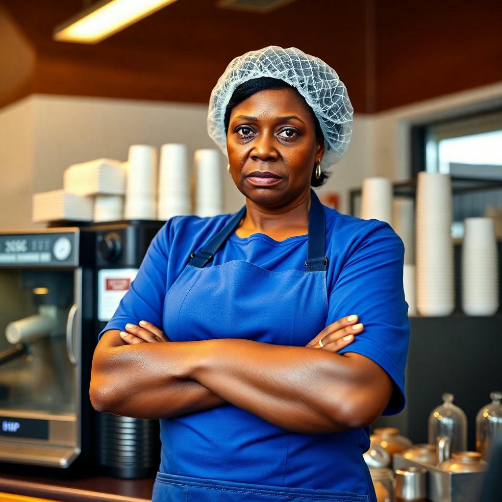 A donut shop employee looking exasperated behind a counter