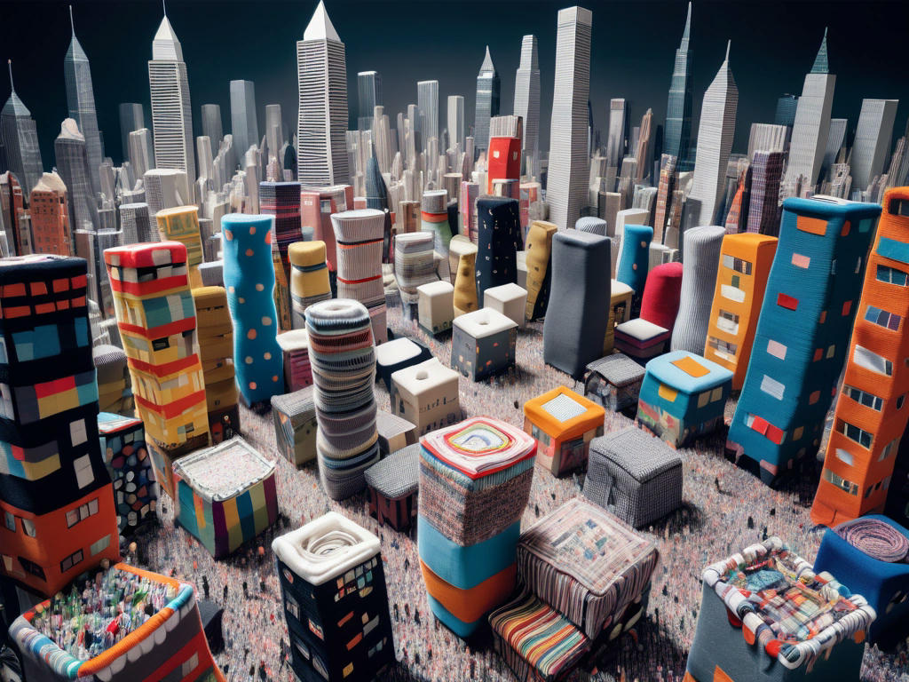 a bustling cityscape made entirely of socks, with towering skyscrapers and busy streets filled with socks of all shapes and sizes