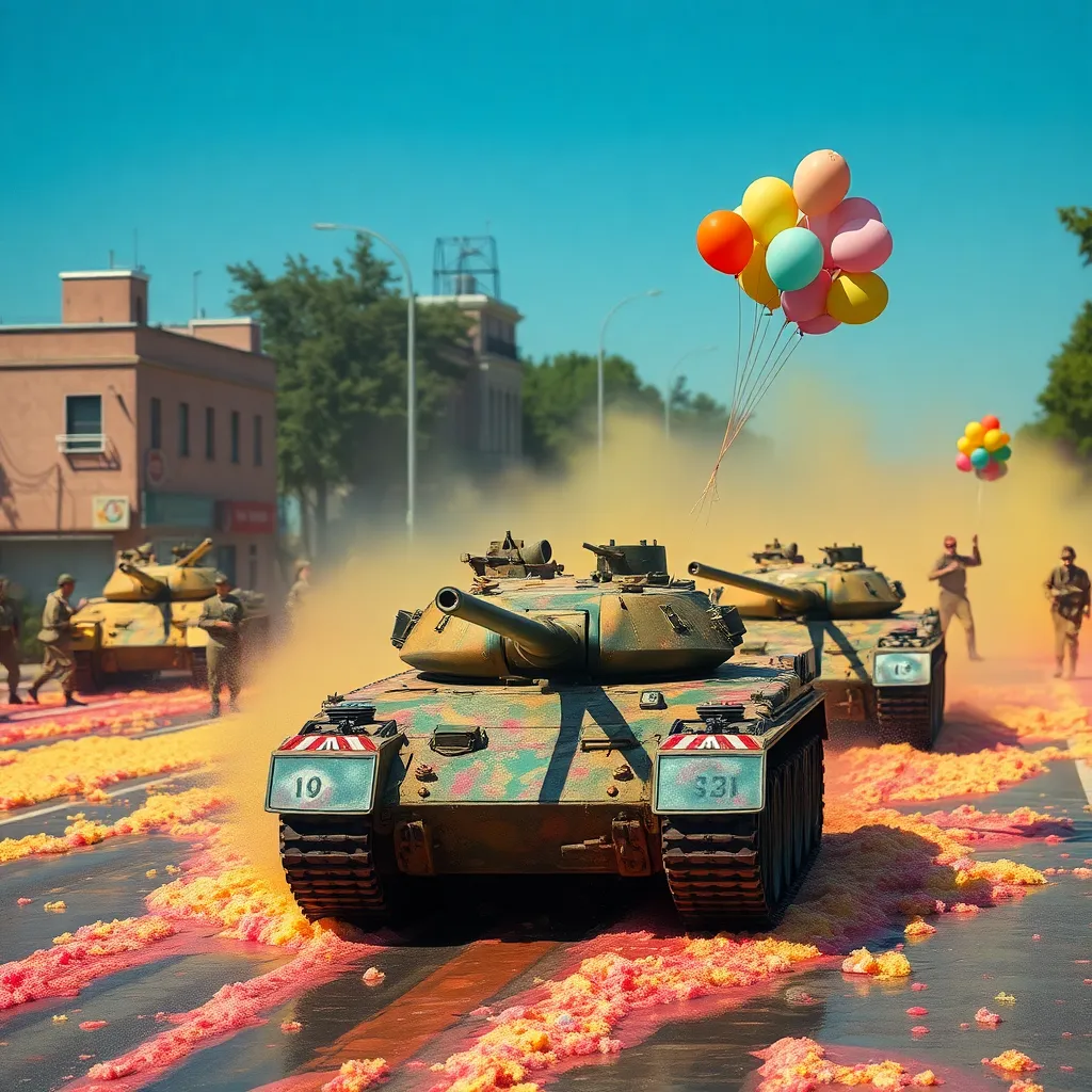 Military tanks sliding uncontrollably on a street covered in colorful soap suds, soldiers trying to maintain balance while holding balloons, surrealist war zone, bright daylight, high contrast
