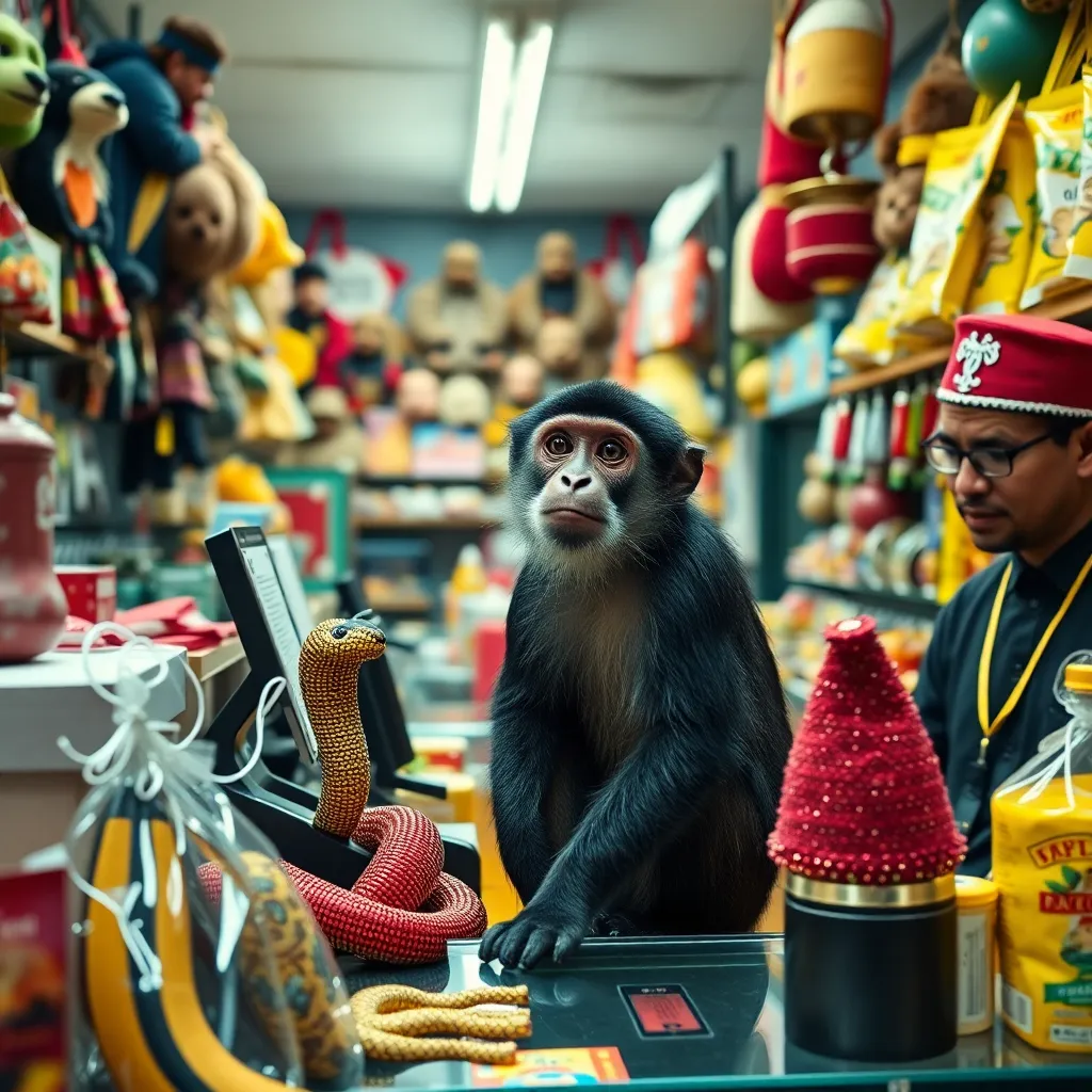 inside a zoo gift shop in disarray, capuchin monkey at cash register surrounded by absurd souvenirs, sequined plush cobras, banana snacks, novelty fez, confused cashier, bright colorful merchandise, cinematic realism with comedic tension