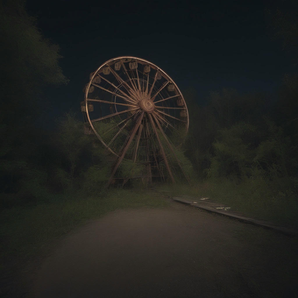 abandoned amusement park at night, rusted Ferris wheel, overgrown pathways, eerie atmosphere