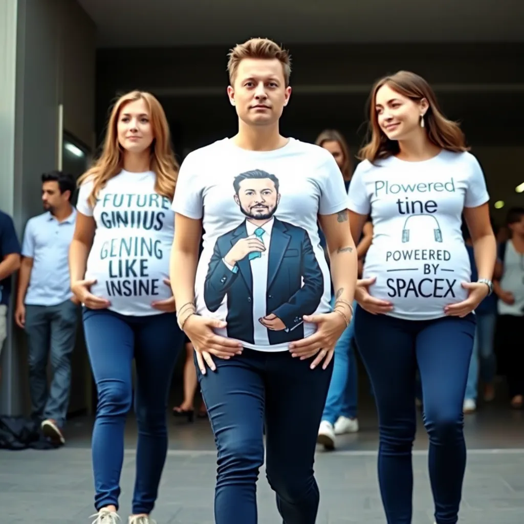 a humorous scene of people wearing Elon Musk-themed maternity clothes, with slogans like 'Future Genius Inside' and 'Powered by SpaceX'