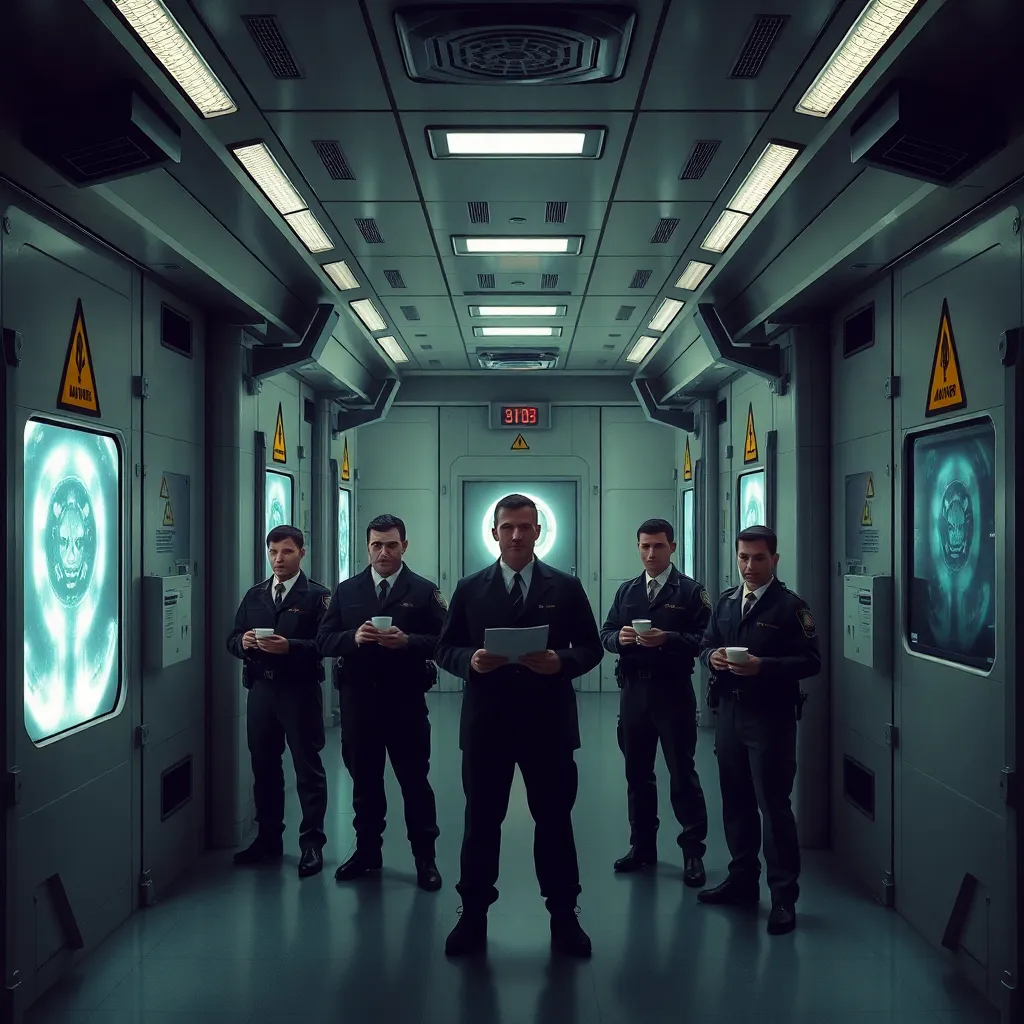 a surreal high-security containment corridor with reinforced blast doors, warning symbols, observation windows showing impossible glowing phenomena, elite guards standing perfectly calm while clipboards and coffee cups remain ordinary, dark humor, realistic cinematic sci-fi