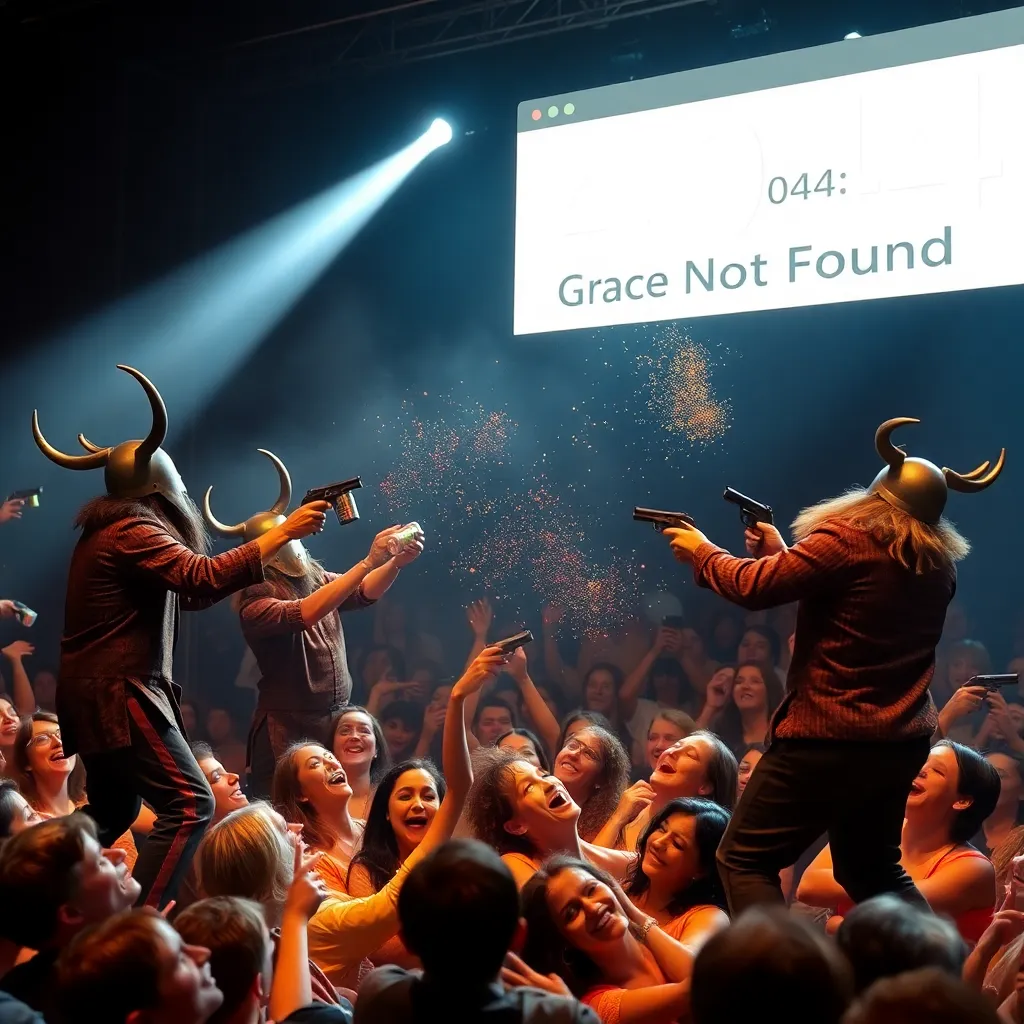 chaotic stage scene: actors in Viking helmets juggling rubber spam cans while dodging actual Colt Python revolver shots (firing harmless glitter), a giant floating '404: Grace Not Found' error message above, audience members collapsing into giggling heaps