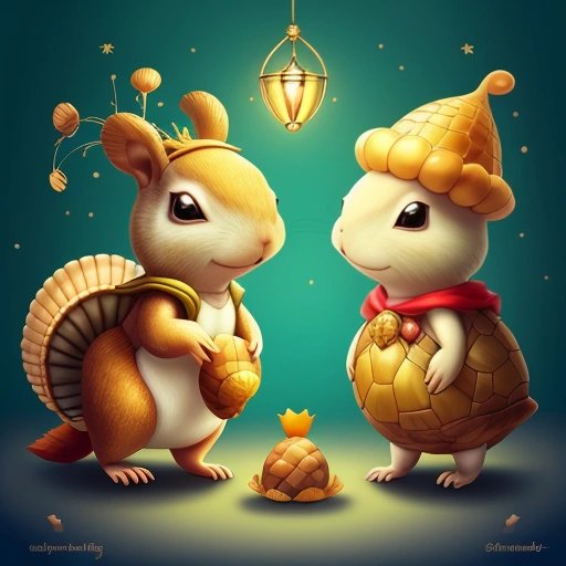 Squirrel and turtle exchanging gifts