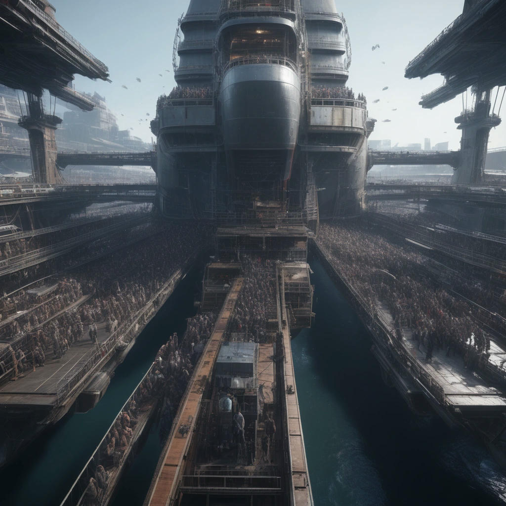 A massive generation ship, with people streaming up the gangways, a sense of chaos and desperation, cinematic, 4K, hyper-realistic, trending on ArtStation