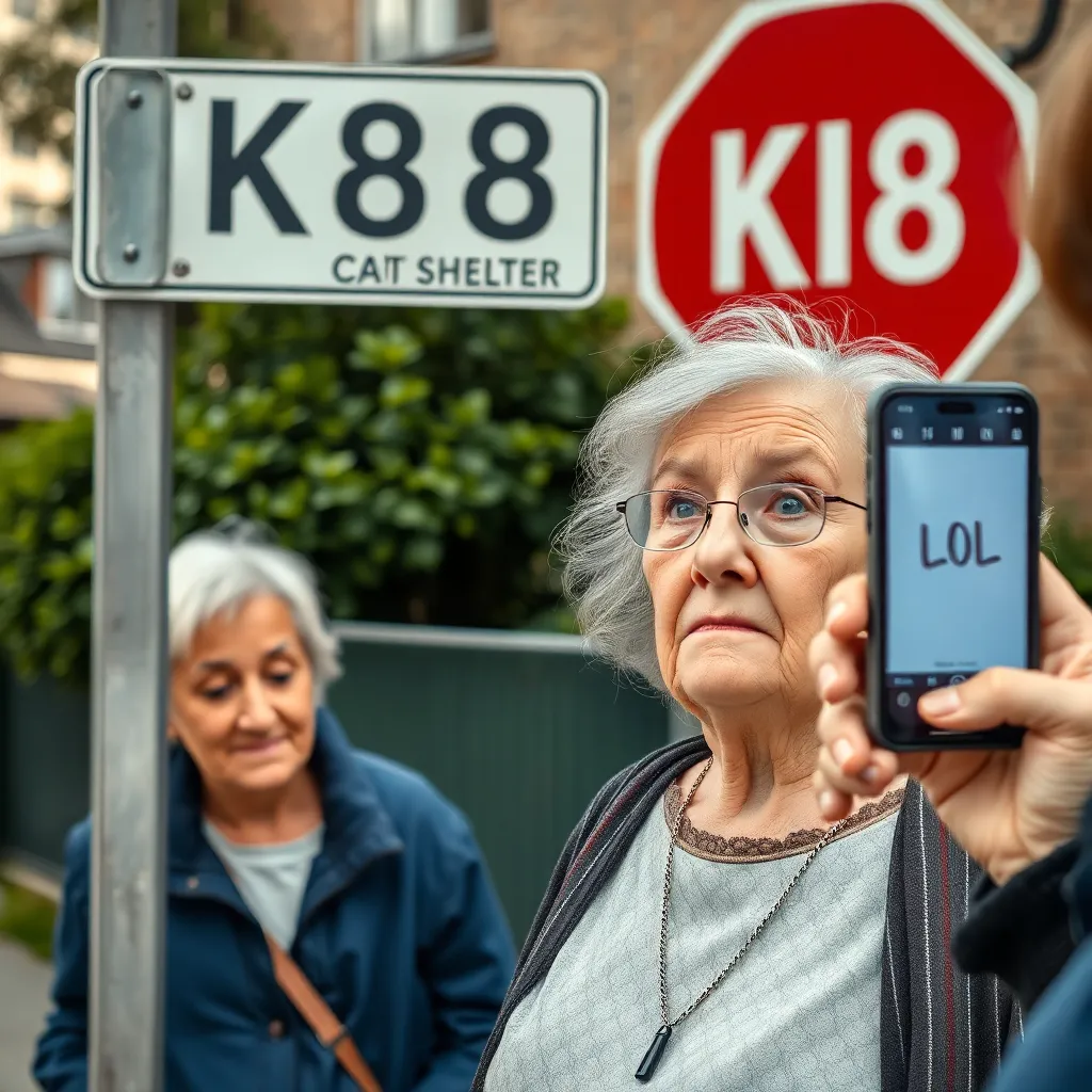 Confused elderly woman squinting at a street sign labeled 'K8' next to a cat shelter, while a teenager films her reaction holding a phone with 'LOL' written on the screen
