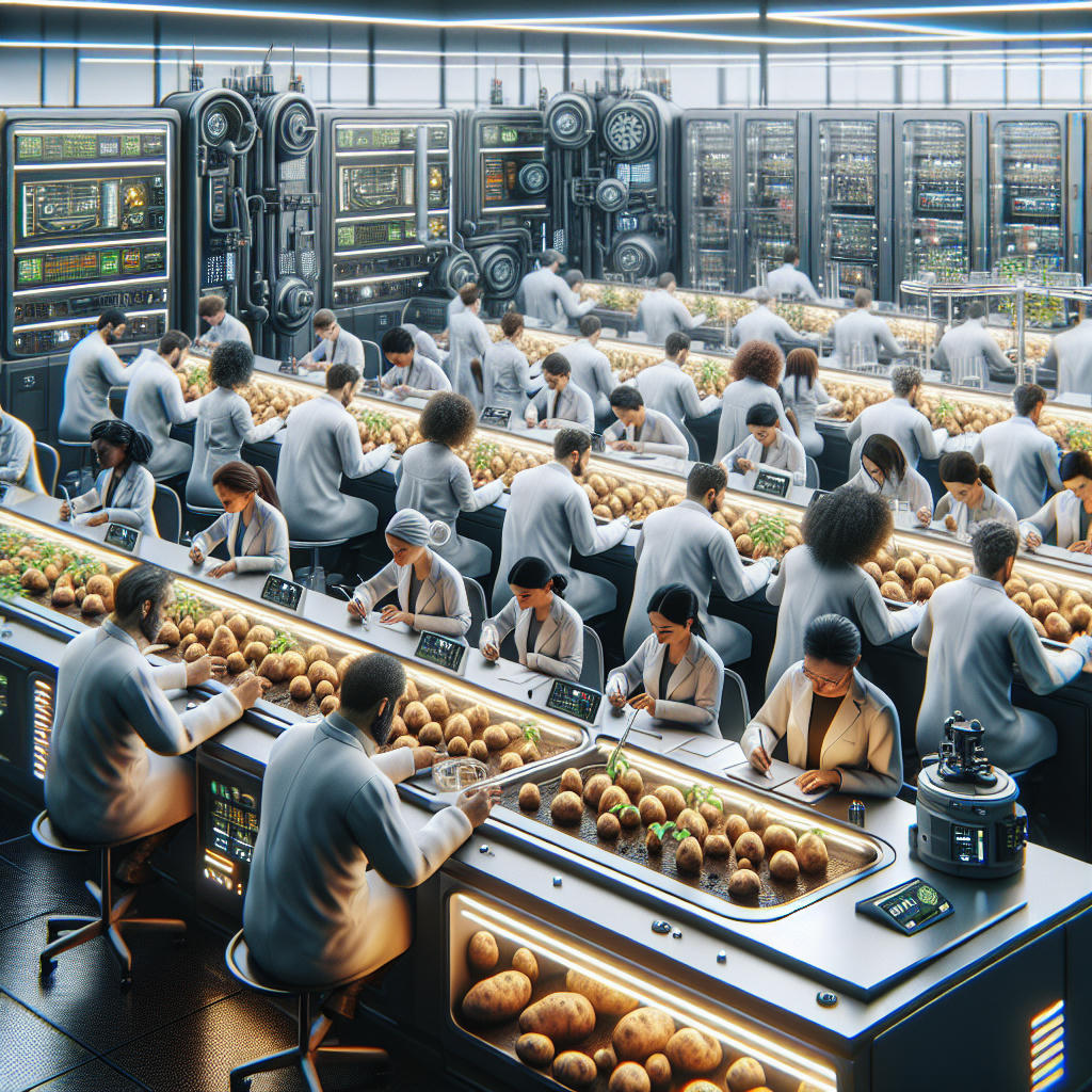 scientists in a high-tech laboratory working on genetically modified potatoes, futuristic equipment, high quality, extremely detailed, photorealistic, natural lighting