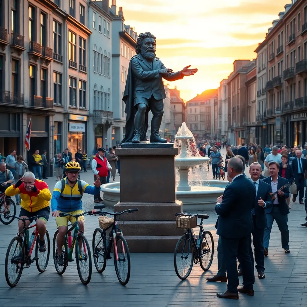 an animated bronze statue addressing separate groups in a bustling town square at sunset, cyclists in bright gear, nervous men near a fountain, ukulele players, estate agents in suits, the whole scene dramatic and ridiculous, warm evening light, highly detailed civic comedy