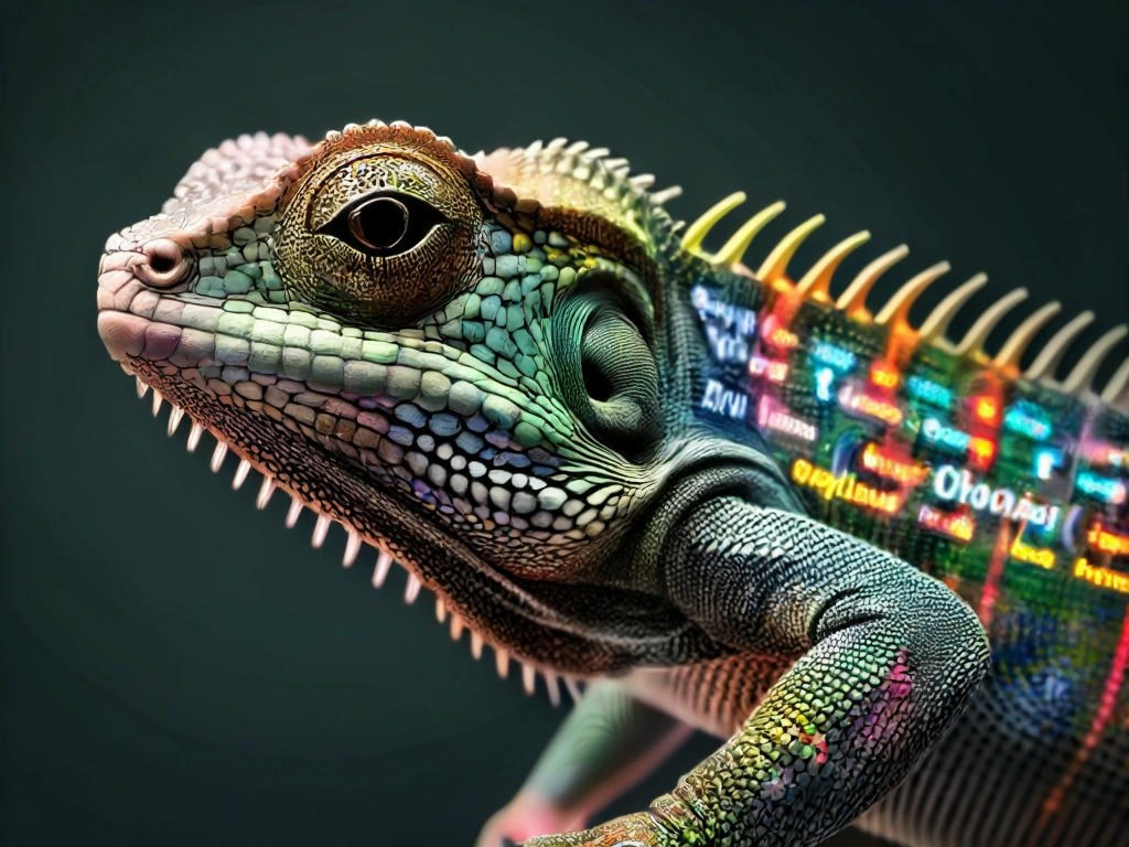 a chameleon with code snippets on its skin, blending into a background of various programming paradigms