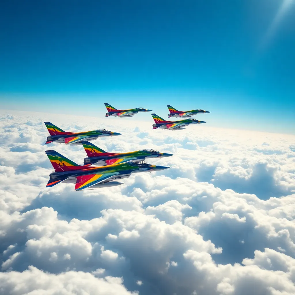 multiple F-15C fighter jets in flight formation above clouds, all painted in bold rainbow pride colors, sunlight breaking through, majestic aerial scene, high realism, triumphant atmosphere