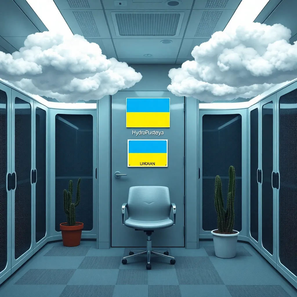 Empty office in futuristic cloud data center, Ukrainian flag sticker on door labeled 'HydroPustelya', single chair and a potted cactus,窗外 shows digital clouds