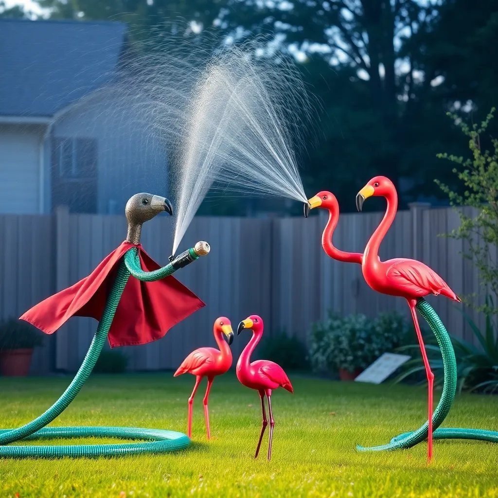 Two sentient garden hoses engaged in a dramatic duel in a suburban backyard, one wearing a tiny cape, sprinklers creating rainbow backdrop, angry plastic flamingo spectator