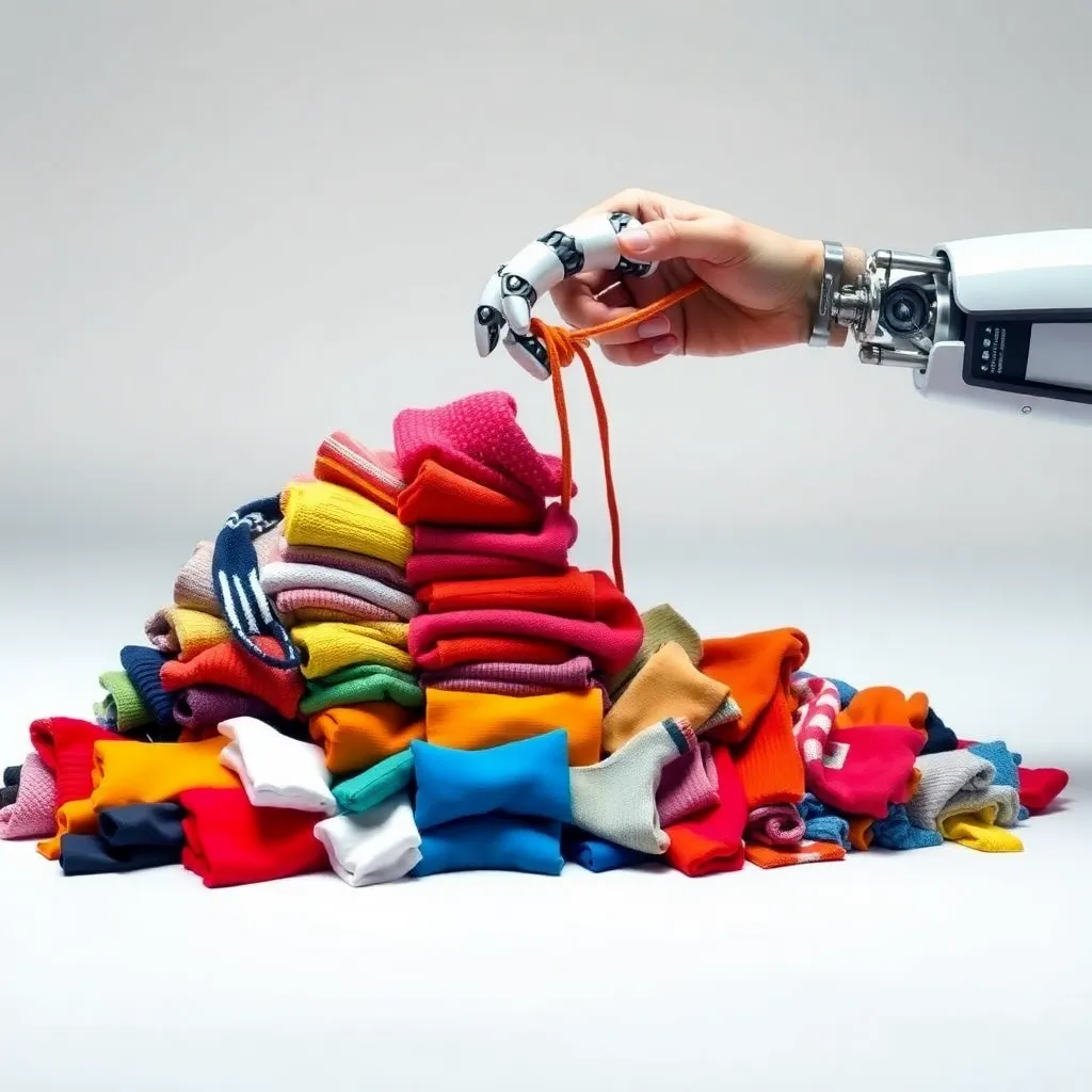 A sleek, futuristic robot hand perfectly arranging a chaotic pile of colorful socks into a perfect spectrum, while a human hand in the background fumbles with a single shoelace.