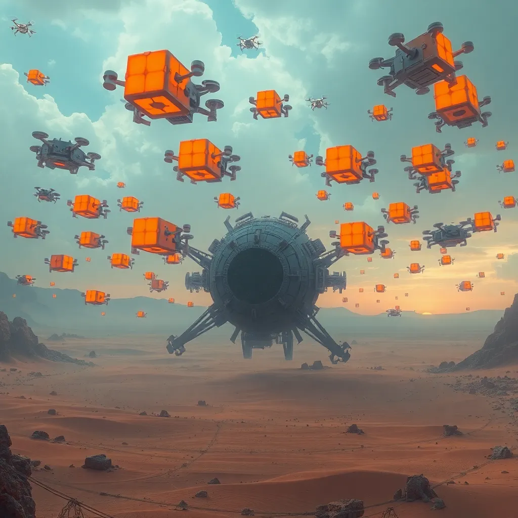 A surreal landscape where the sky is filled with thousands of flying drone robots carrying glowing orange cubes, a giant mechanical core in the center of a desert, hyper-detailed, sci-fi art style