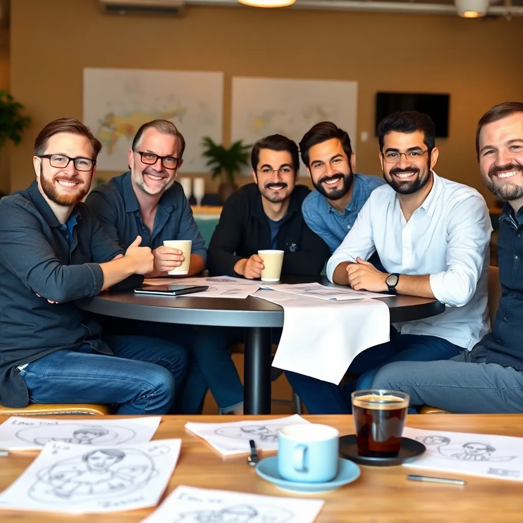 a group of developers sitting around a table with napkin sketches and coffee cups, looking relaxed and content
