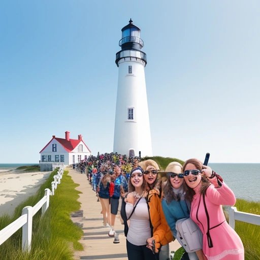 Tourists crowding around a Cape Cod lighthouse