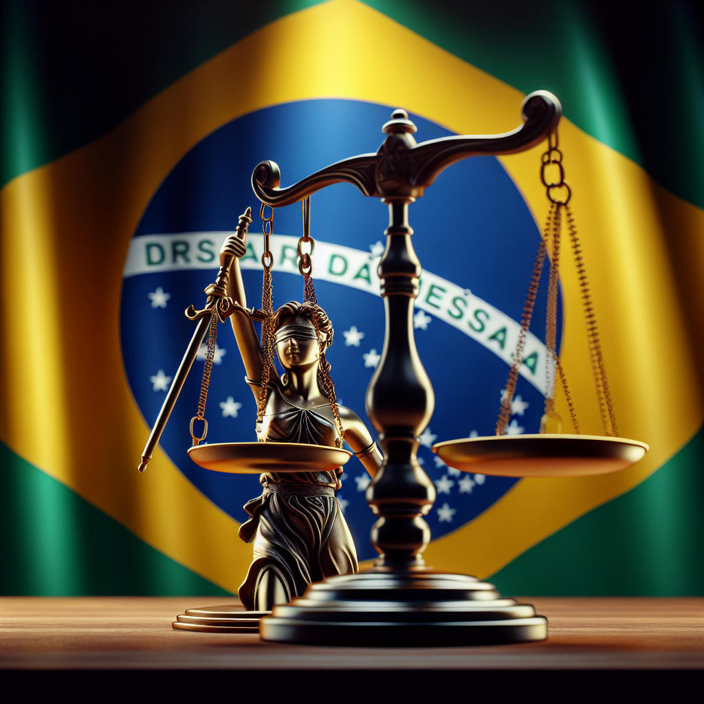 uma balança de justiça, com uma bandeira do Brasil ao fundo, simbolizando a justiça brasileira, foto realista, alta qualidade