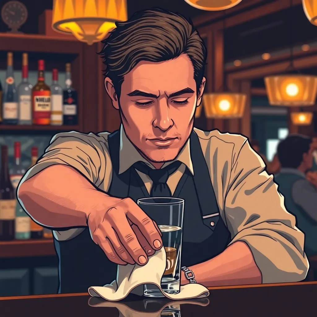 Milo Grant polishing a glass like it’s a philosophical exercise